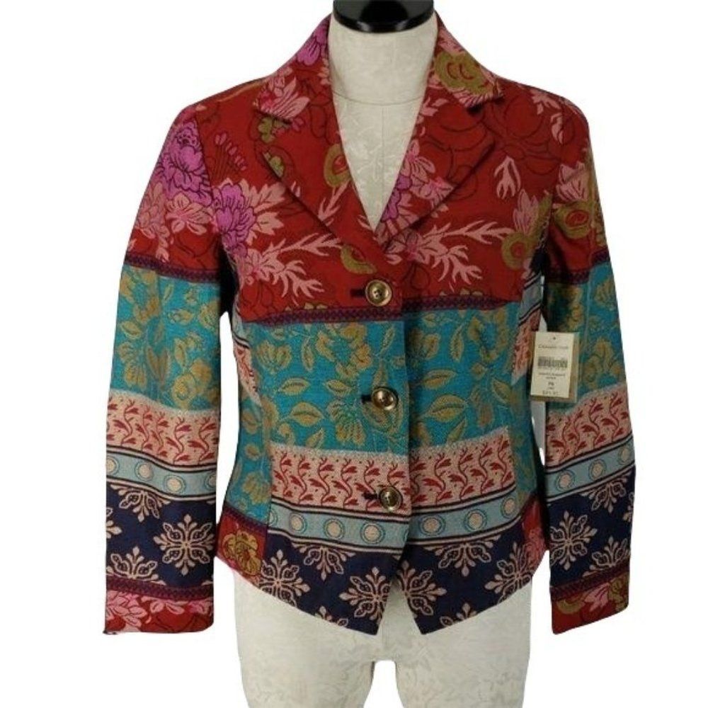 Coldwater Creek Womens Multi Color Floral Jacquard Blazer Jacket P8 NWT